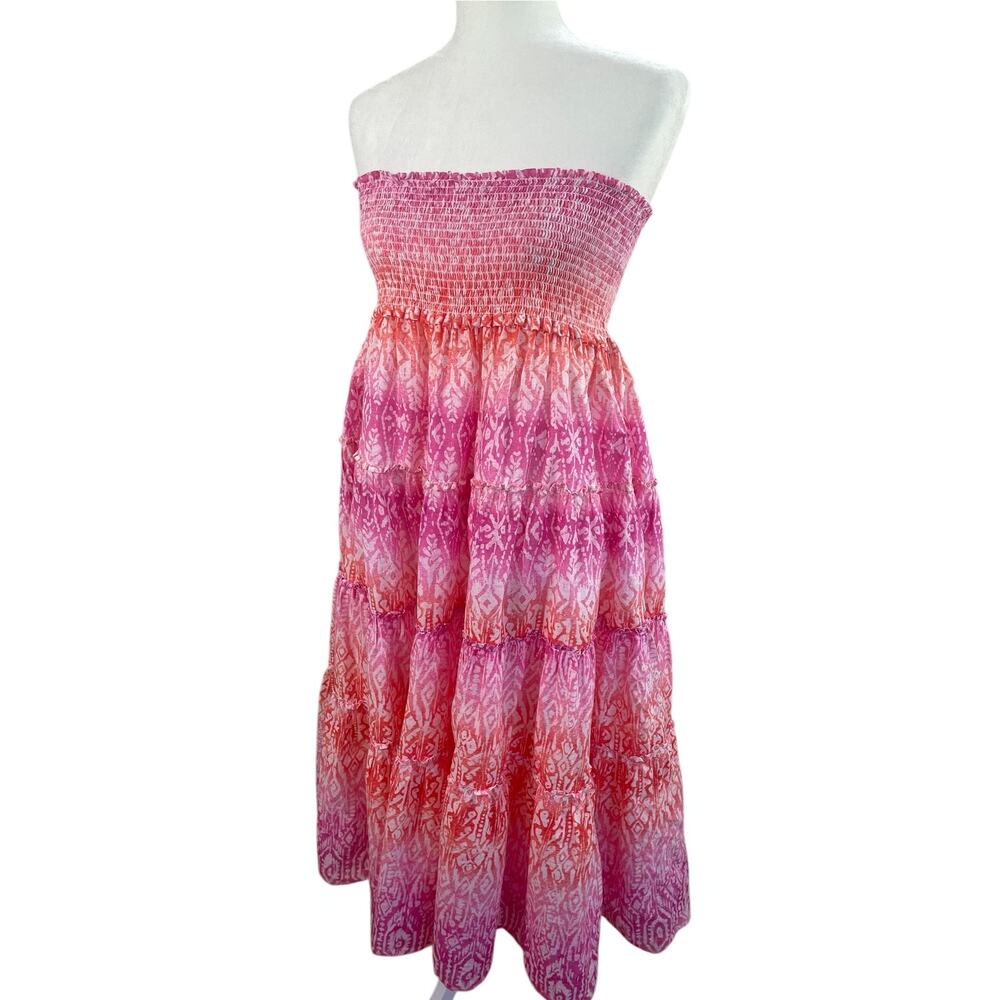 Lauren Ralph Lauren Printed Tiered Strapless Midi Dress Smocked Vacation Sz. L - Picture 2 of 11